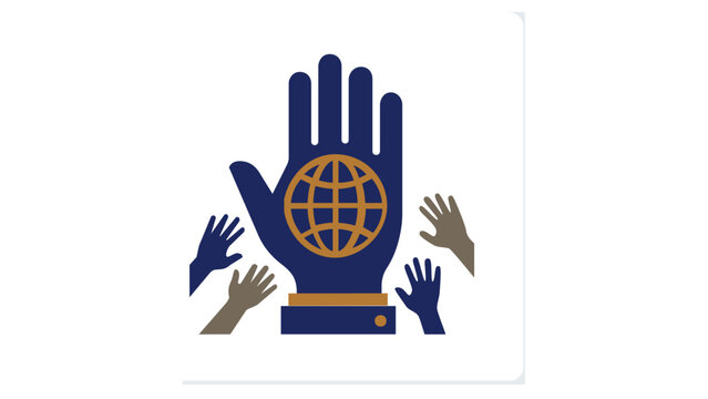 Global business strategy and leadership vector icon illustration, featuring a large hand holding a golden globe surrounded by diverse hands, symbolizing unity, teamwork, and international reach.