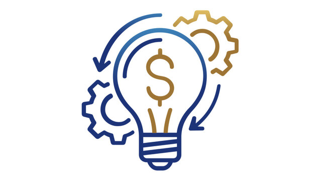 Professional business strategy and financial innovation vector icon illustration featuring a light bulb with a dollar sign, gears, and circular arrows representing corporate growth and process.