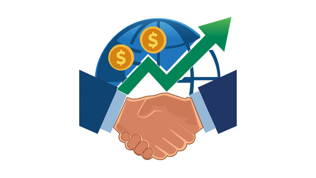 Global business strategy vector icon illustration featuring a professional handshake, world globe, gold dollar coins, and a green upward growth arrow representing corporate vision and success.