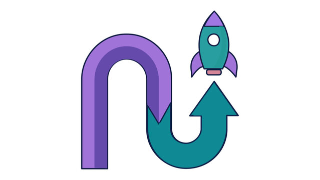 Business growth and long term strategy vector icon illustration with a curved arrow path leading to a rocket launch, representing startup success, progress, and goal achievement in flat style.