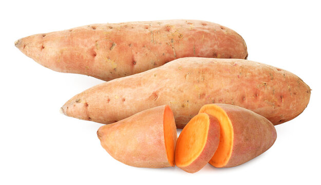 Sweet potatoes isolated on white. Whole and sliced