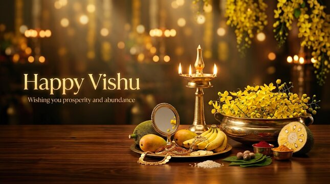 Cinematic Vishu Festival Banner with Nilavilakku and Konna Flowers