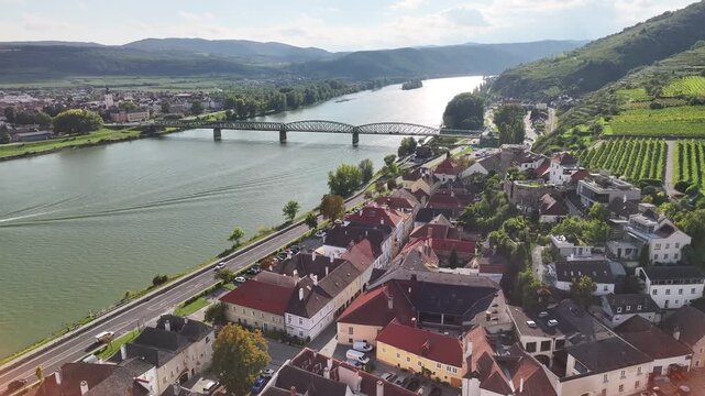 Drone close up of bell tower in Krems an der Donau.