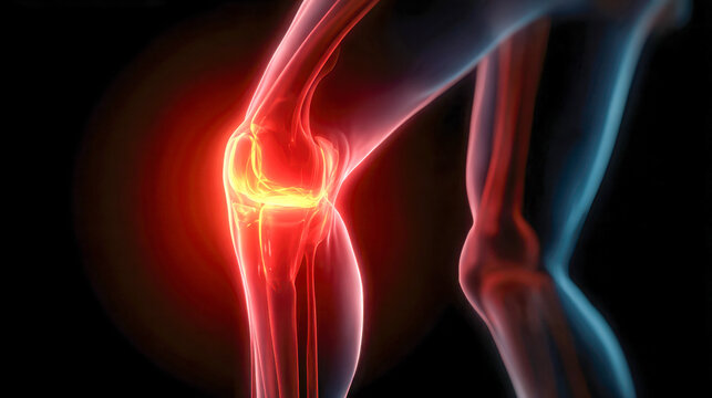 Digital illustration of a glowing knee joint highlighting inflammation and pain in a bent leg against dark background for medical and health concept