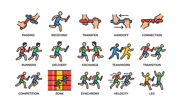Icon set depicting relay race concepts: passing, receiving, transition, teamwork