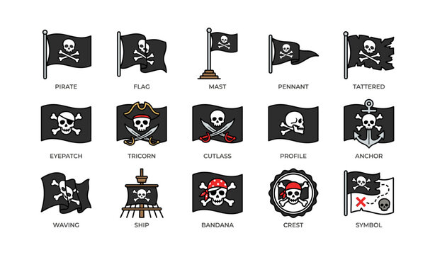 Various pirate flags and symbols with skulls and crossbones