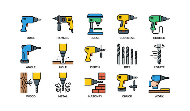 Colorful icon set of various drills and drill bit functions