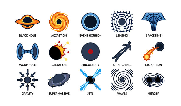 Illustrated astronomical concepts with black hole and related phenomena