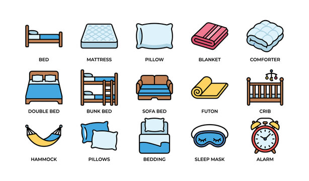 Collection of various bed and sleep accessories icons
