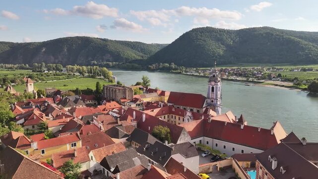 Panoramic drone view of Durnstein historic town in Wachau Valley Austria.