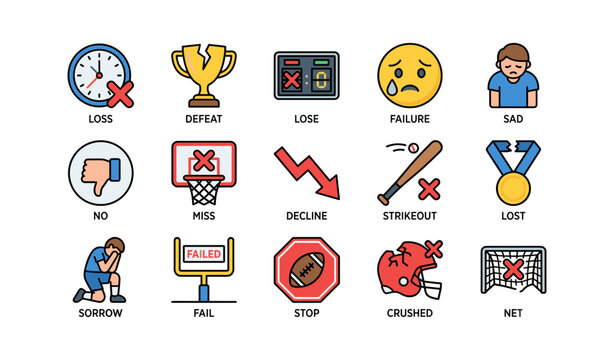 Set of sports and emotions icons illustrating loss and failure