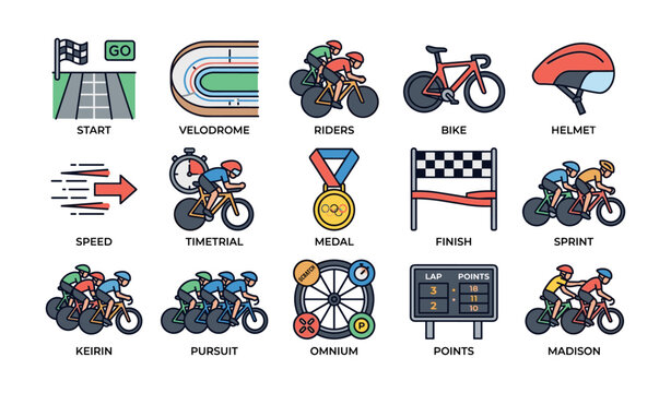 Cycling icons set featuring velodrome, speed, and racing elements