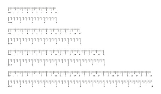 Set of measuring chart with 10cm, 15cm, 20 cm, 30 centimeters. Measuring chart with 4 inch, 6 inch, 8 inch, 12 inch. Collection of ruler scale 100mm, 150 mm, 200 mm, 300mm with numbers.