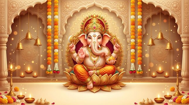 Divine Ganesha on Lotus Pedestal with Golden Temple Architecture
