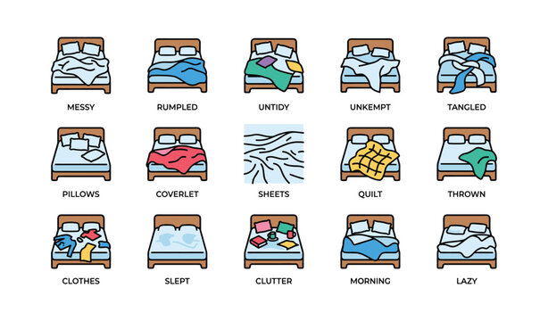 Collection of different bed arrangements depicting messy and tidy styles