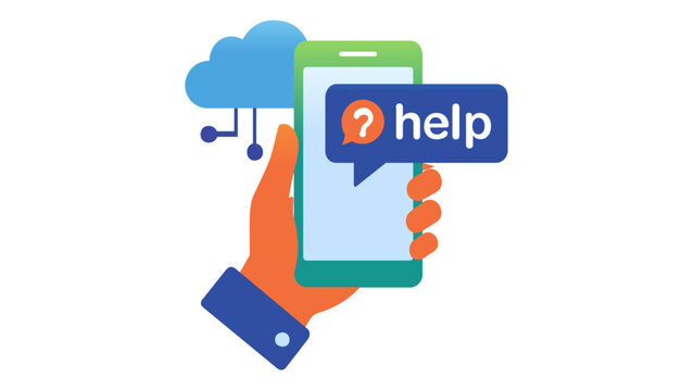 Customer service and technical support vector illustration featuring a hand holding a smartphone with a help message bubble and cloud computing icon for online assistance and mobile app help.
