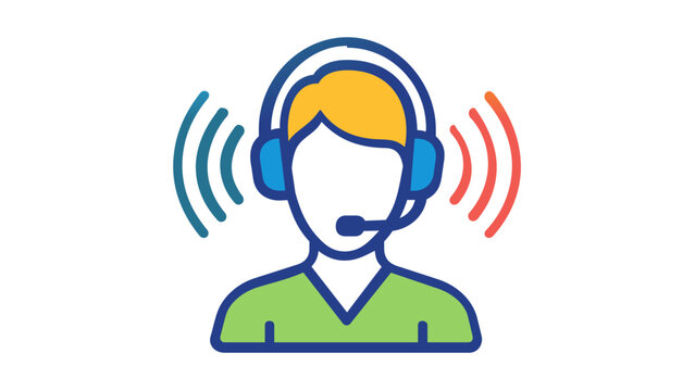 Vibrant gradient vector icon illustration of a customer support representative wearing a headset with sound waves, perfect for call center, help desk, telemarketing, and communication services.
