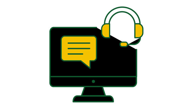 Flat minimalist vector icon illustration of a computer screen with a chat bubble and headset, symbolizing customer service, technical support, online assistance, and call center operations.