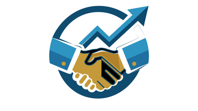 Professional business handshake vector icon and illustration featuring a rising growth arrow, symbolizing successful partnership, customer service quality, agreement, and corporate collaboration.