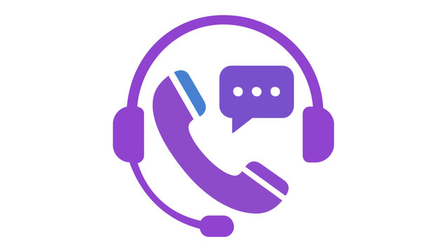 Professional customer service support vector icon illustration featuring a headset, telephone handset, and chat bubble in a vibrant blue and purple gradient for help desk and call center themes.