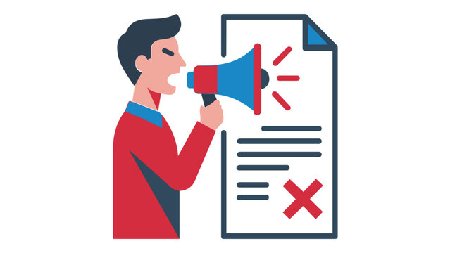 Flat vector illustration of an angry man shouting into a megaphone at a document with a red cross mark, representing customer complaint, technical support issue, protest, or rejected claim.