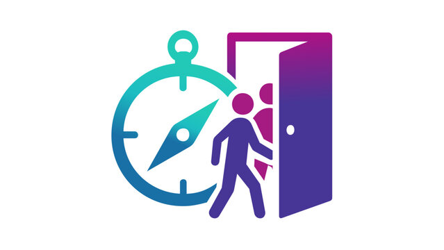 Professional troubleshooting vector icon illustration featuring a compass and people entering a door, symbolizing customer service guidance, navigation, problem-solving, and support solutions.