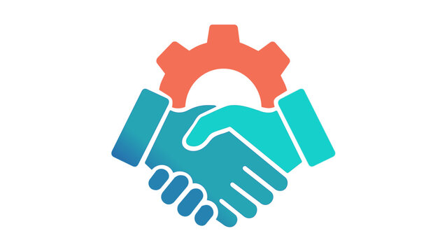 Colorful gradient vector icon illustration of a handshake with a gear cogwheel, symbolizing technical support, business partnership, troubleshooting, and customer service collaboration.
