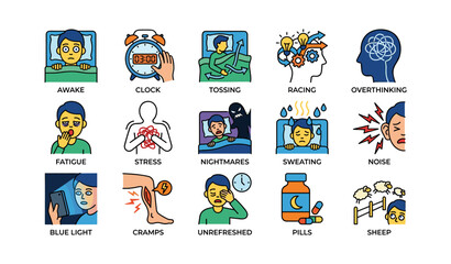 Fototapeta premium Illustrated concepts of sleep disruptions and remedies in colorful icons