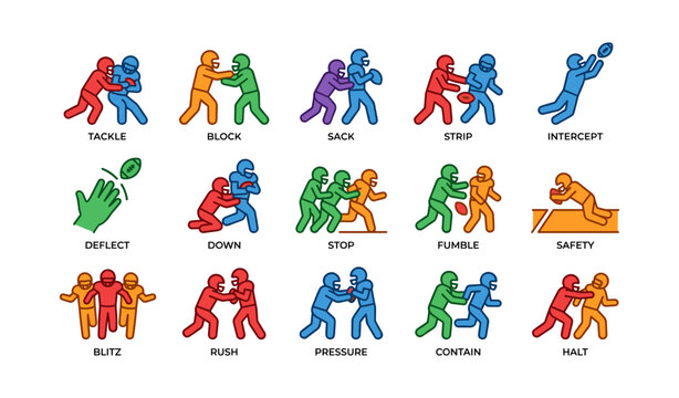 Colorful depiction of american football actions and techniques
