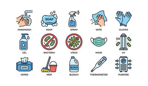 Sanitization icons: handwashing, face mask, disinfectants, virus and bacteria protection tools