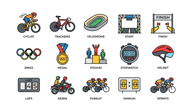 Cycling event icons: trackbike, velodrome, finish line, podium, stopwatch, medal, helmet