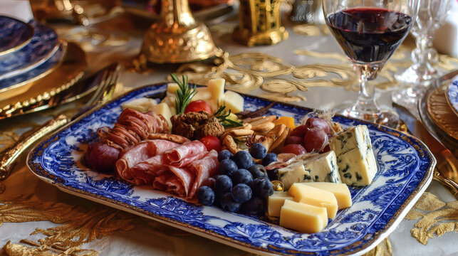 A wine and cheese platter with various meats and fruits on an elegant, blue designed serving plate on a table with gold embroidered tablecloth. No wine glass or silverware
