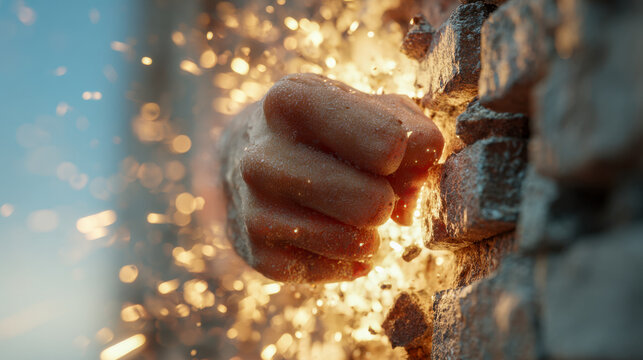 Powerful human fist breaking through a brick wall with sparks flying in a dramatic display of strength and determination against a blue sky background