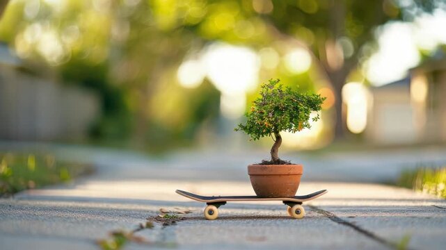 Potted bonsai tree on skateboard, outdoors sunny day