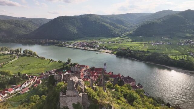 Detailed drone shot of Durnstein ruins architecture and walls.