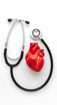 A detailed image of a stethoscope resting next to a heart model, highlighting medical concepts. The stethoscope is placed near a red, anatomically correct heart model, indicating healthcare