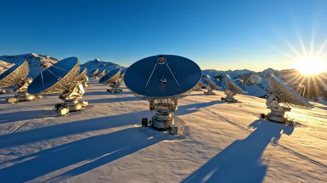 Expansive Array of Satellite Dishes on a Snowy Mountain Landscape at Sunrise, Capturing Cosmic Signals.