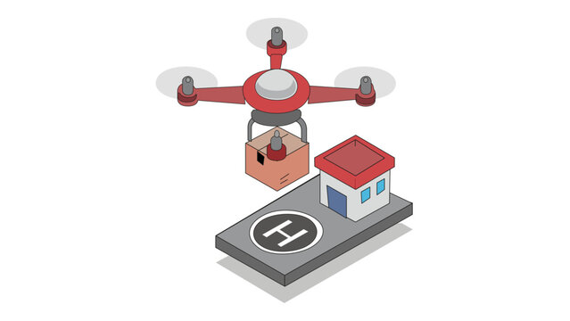 Modern isometric vector illustration of a red quadcopter delivery drone carrying a cardboard box package over a helipad and small warehouse building, symbolizing fast shipping and logistics.