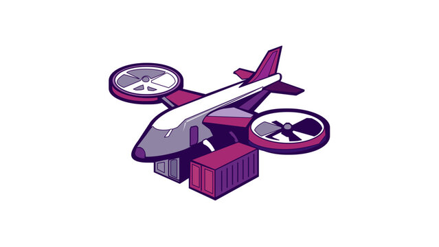 Futuristic cargo drone vector illustration carrying shipping containers for logistics and supply chain management. Isometric flat icon of a VTOL aircraft for modern transportation and delivery.