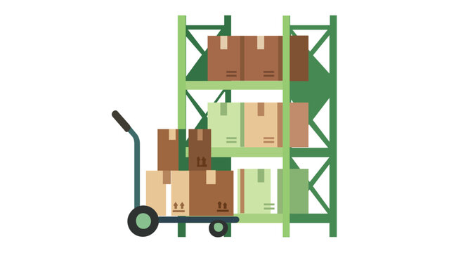 Flat vector illustration of a warehouse storage system with a green metal rack holding cardboard boxes and a manual hand truck for shipping, logistics, and inventory management concepts.