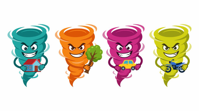 Set of cartoon tornados with angry faces, each carrying a different object a house, a carrot, a car, and a motorbike, depicting destructive weather phenomena
