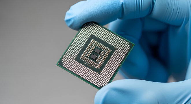 A closeup of a blue and white digital circuit board featuring a gold microprocessor chip and silicon semiconductor components for high-tech electronic hardware data processing