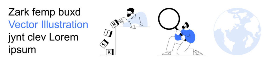 Obraz premium Risk assessment, decision-making, strategy planning, problem-solving, corporate management, global connection. Two individuals analyzing the concept of risk with blocks and a magnifying glass. Risk