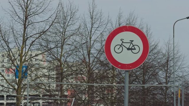 No cycling allowed. City traffic sign indicating bicycles are forbidden here