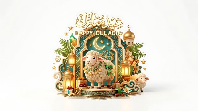 Islamic holiday celebration with decorative elements and sheep illustration