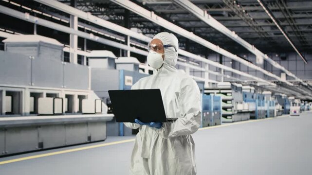 Microchip factory specialist tests silicon wafer batches with laptop software. Technician wearing protective gear monitors semiconductor manufacturing machinery readouts with notebook, camera B