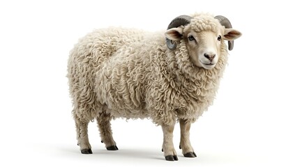 Fototapeta premium Isolated ram with curly wool and large horns against a clean white background