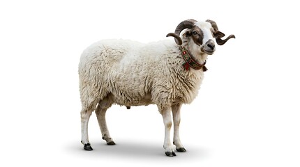 Fototapeta premium Isolated ram with large horns and white fleece against a bright background