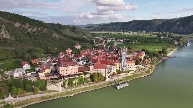 Panoramic drone shot of Durnstein town and surroundings.