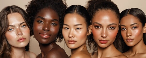 Obraz premium A diverse group of five women with different skin tones and hair types exude modern beauty. Minimalist composition and soft lighting highlight smooth, radiant complexions.